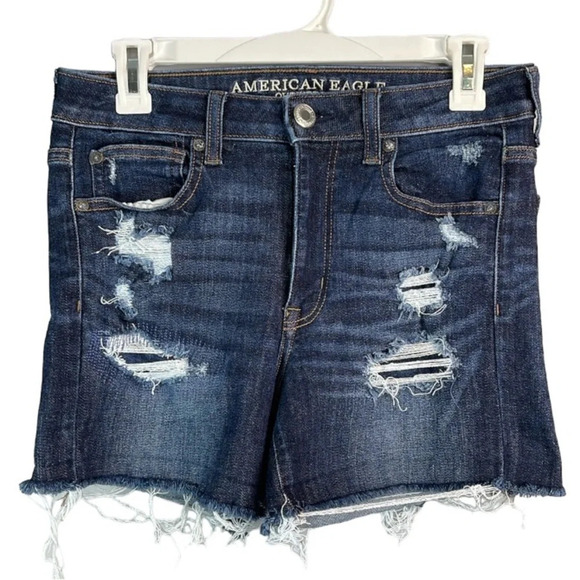AMERICAN EAGLE Hi-Rise Shortie Shorts Blue Dark Wash Distressed Cutoffs Size 6 - Picture 11 of 11